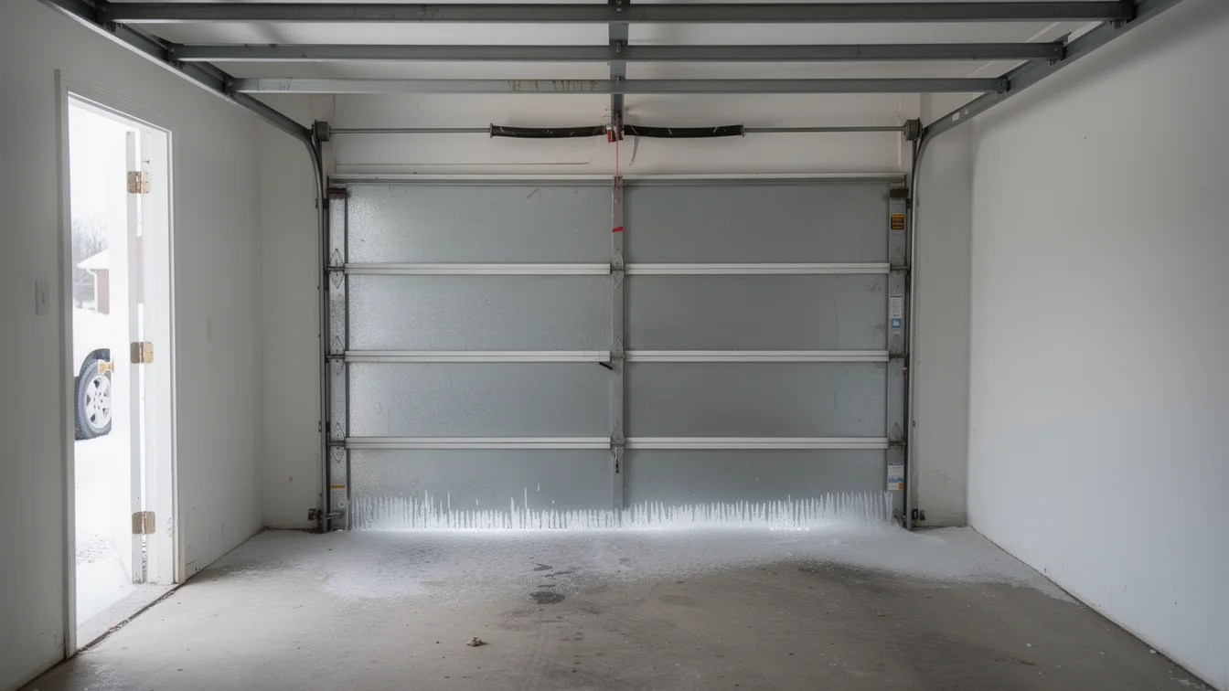 A garage door with icicles on the bottom and a side door open to snow.