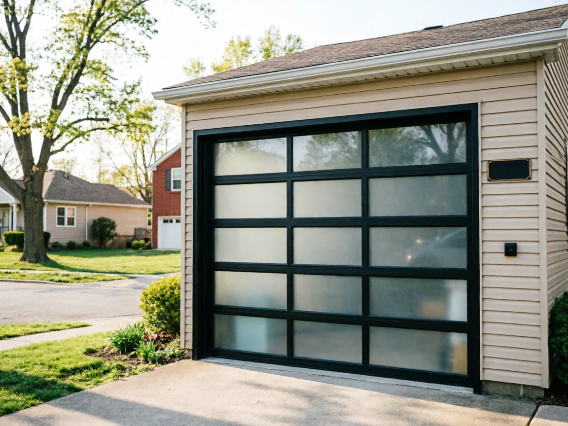 A modern garage door with frosted glass panels is on a tan house.