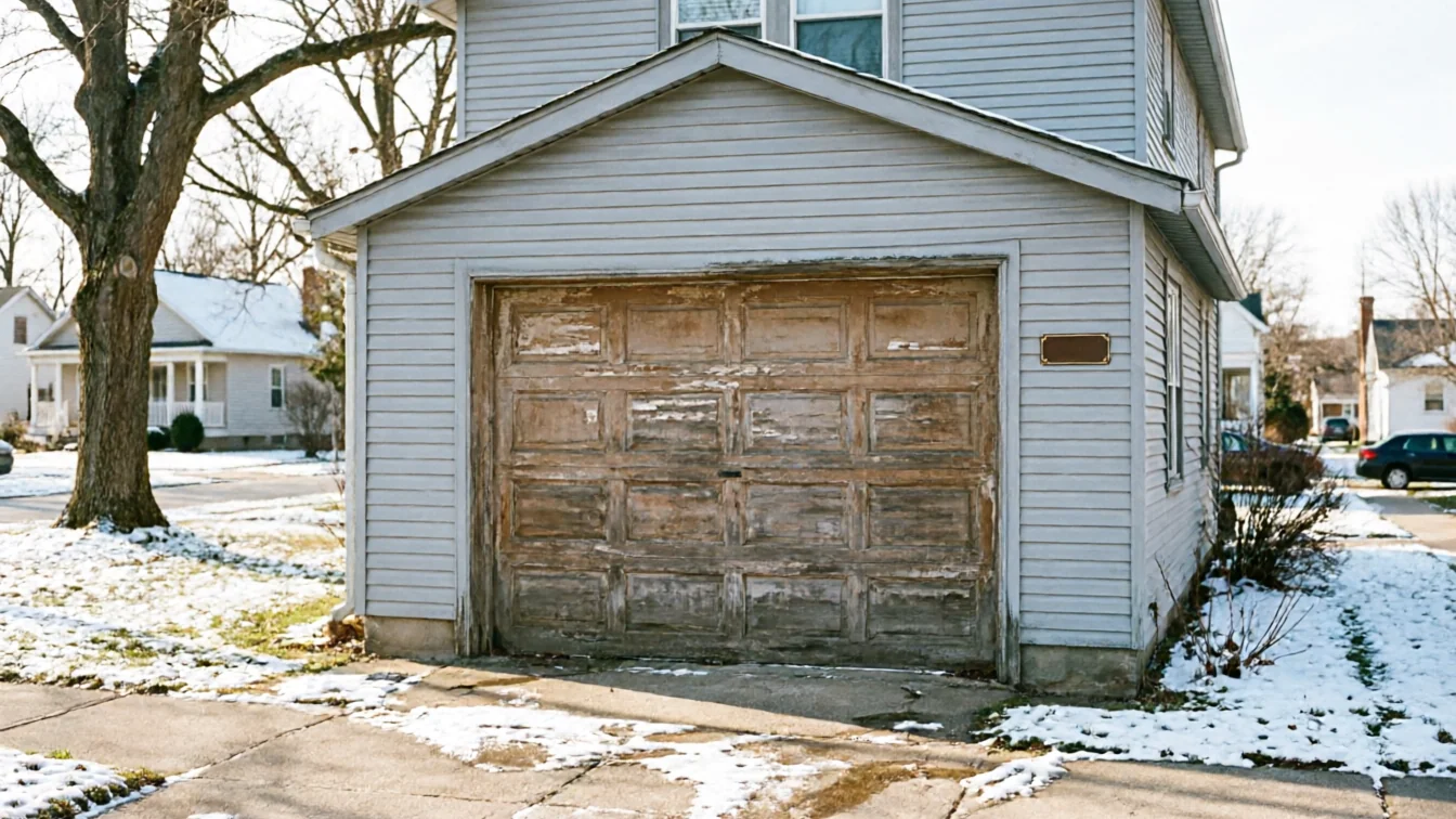 A weathered wooden garage door with peeling paint is on a light gray house.