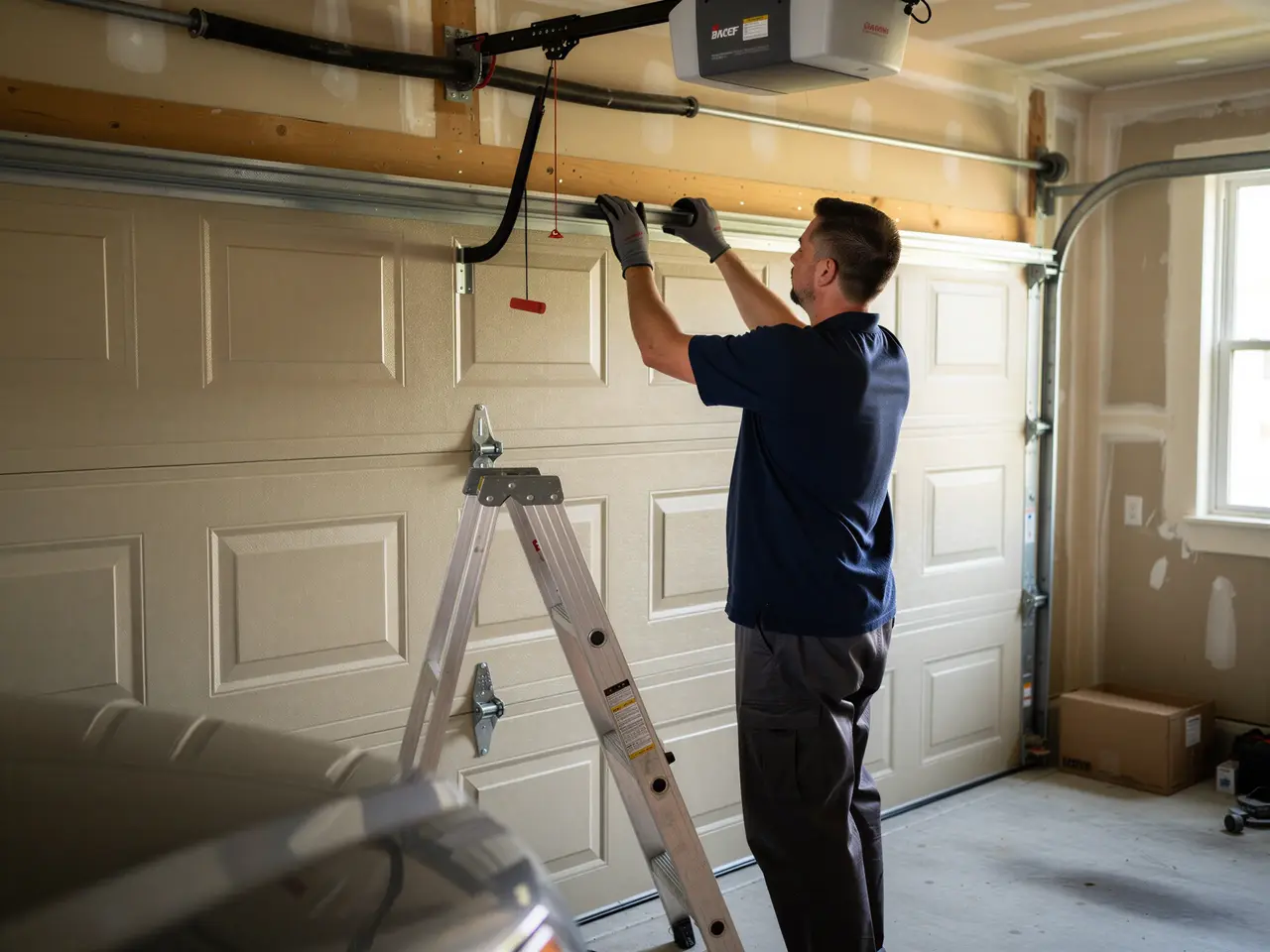 A technician on a ladder works on a beige garage door and opener.