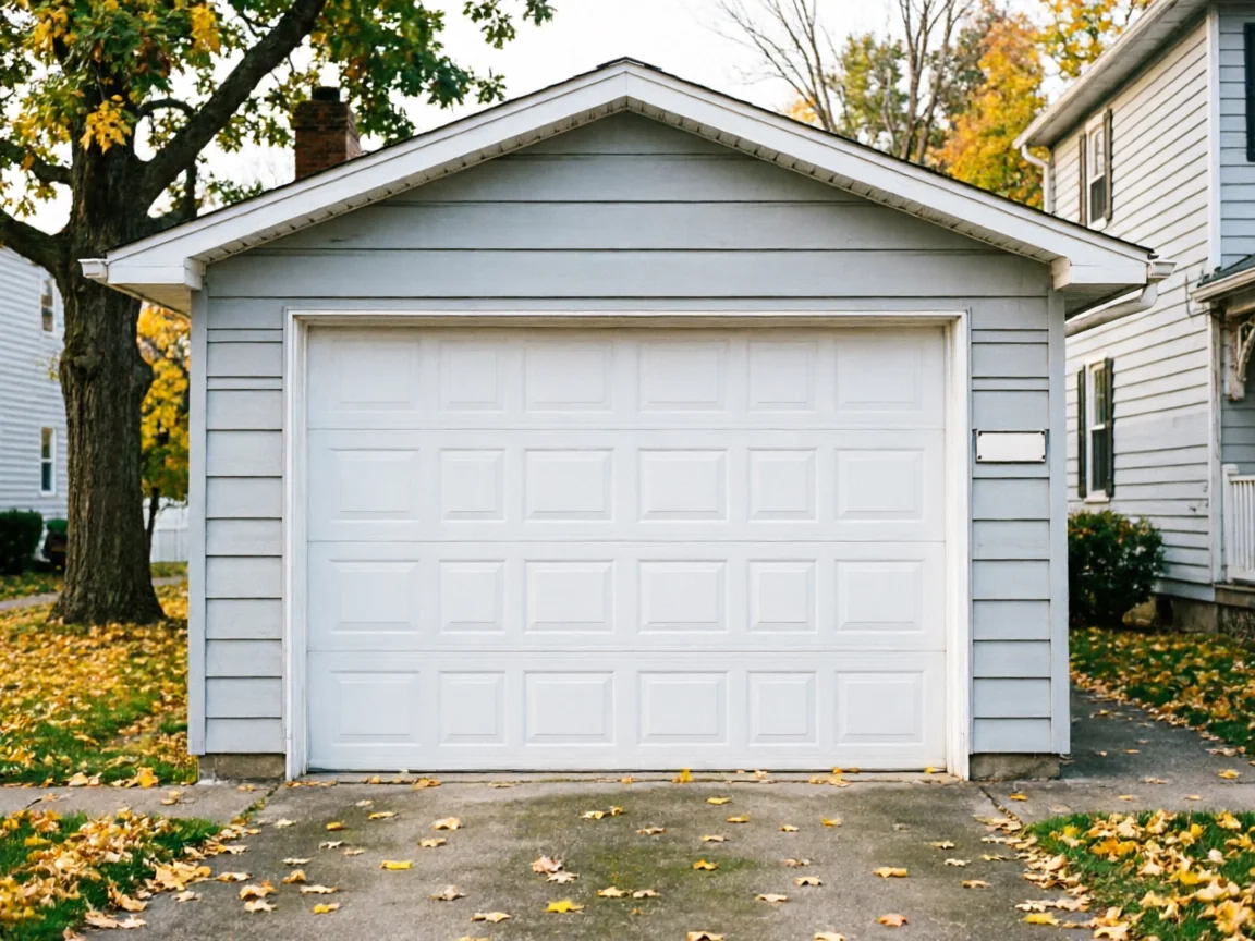 A white paneled garage door on a light blue detached garage.