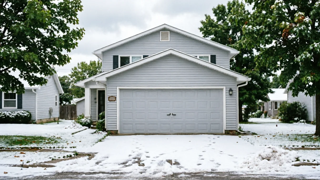 A light gray house with a matching garage door and a snow-covered driveway.