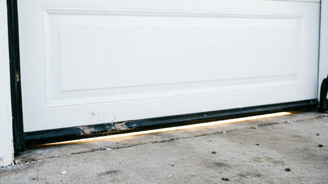 The white garage door has a gap at the bottom, letting light in.