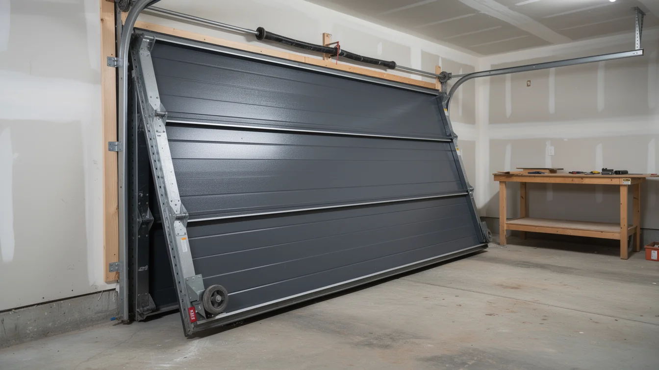 A dark gray garage door is off its tracks and leaning inward.